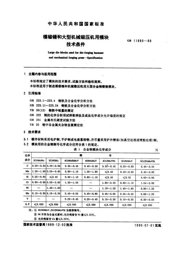 模锻锤和大型机械锻压机用模块技术条件 (GB 11880-1989)