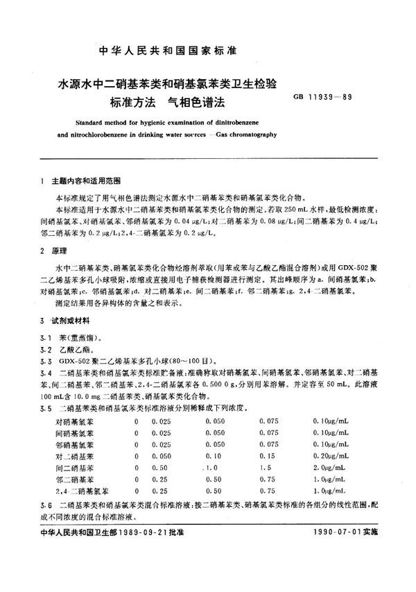 水源水中二硝基苯类和硝基氯苯类卫生检验标准方法 气相色谱法 (GB 11939-1989)