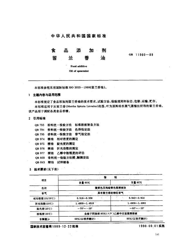 食品添加剂  留兰香油 (GB 11960-1989)