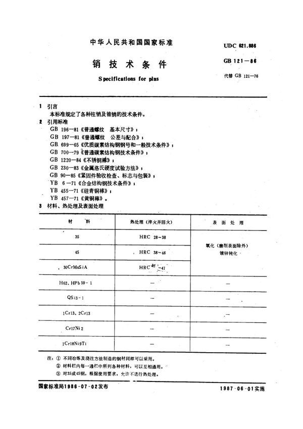 销技术条件 (GB 121-1986)