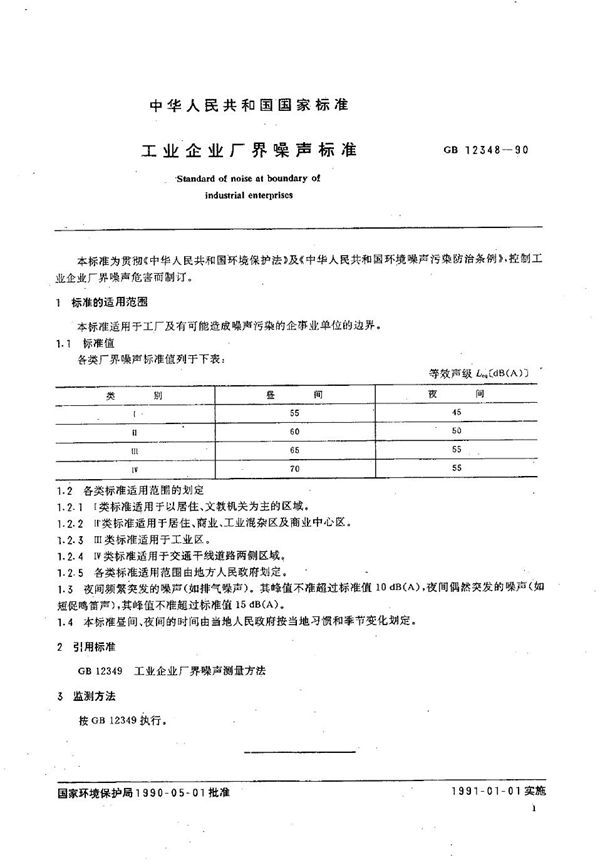 工业企业厂界噪声标准 (GB 12348-1990)