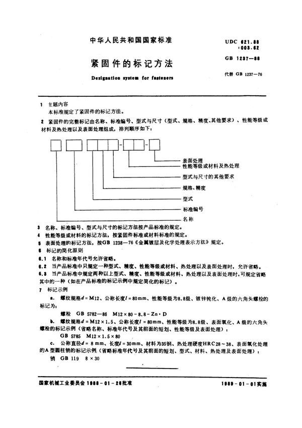 紧固件的标记方法 (GB 1237-1988)