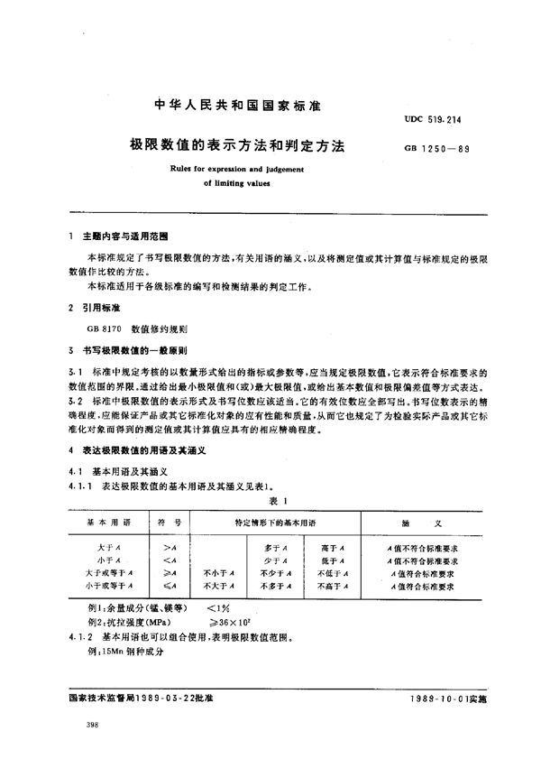 极限数值的表示方法和判定方法 (GB 1250-1989)