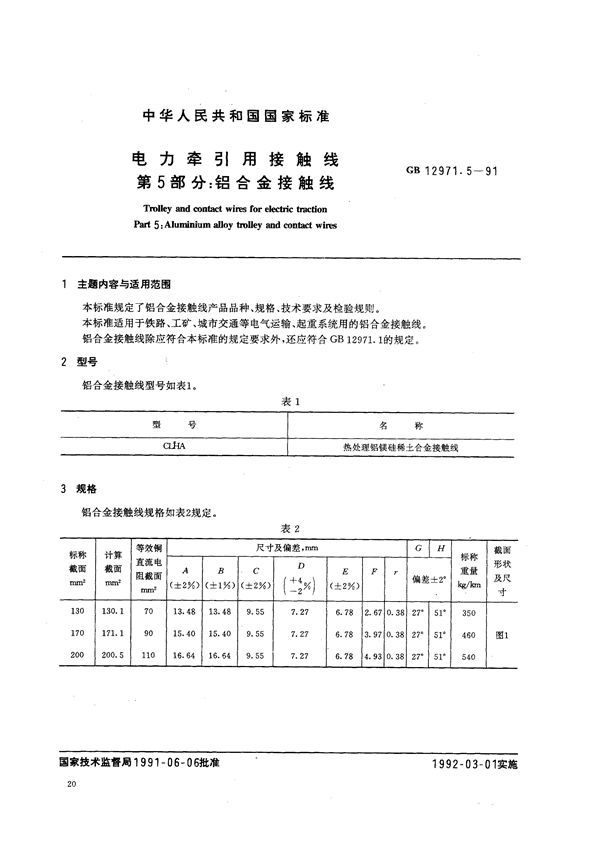 电力牵引用接触线  第五部分:铝合金接触线 (GB 12971.5-1991)