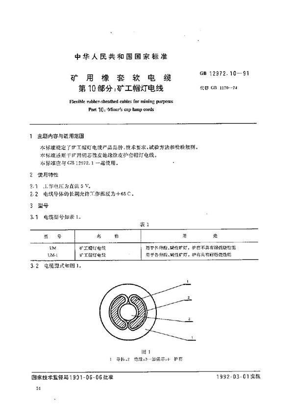 矿用橡套软电缆  第十部分:矿工帽灯电线 (GB 12972.10-1991)