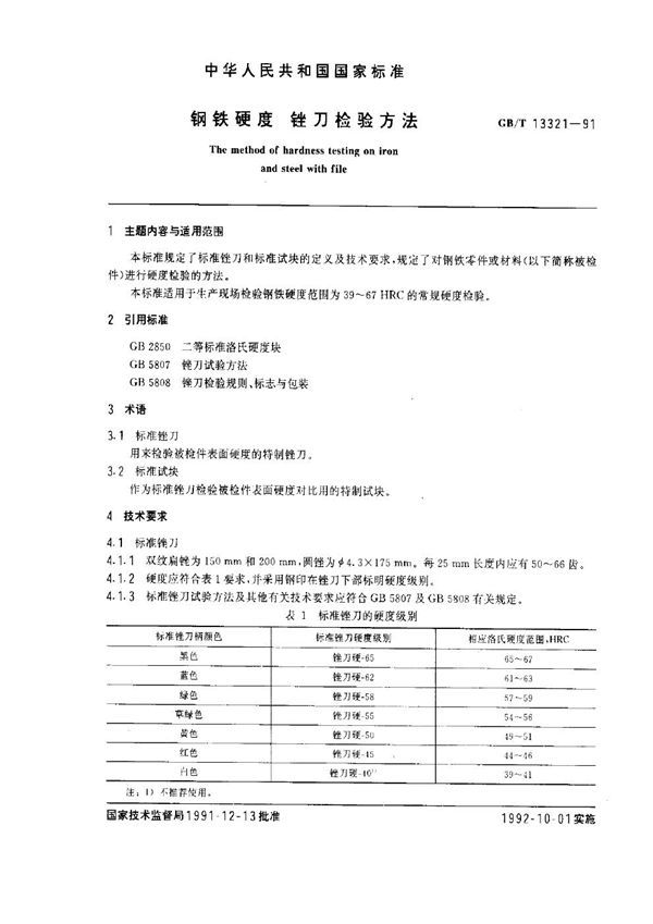 钢铁硬度 锉刀检验方法 (GB 13321-1991)