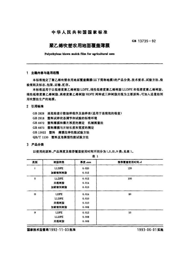 聚乙烯吹塑农用地面覆盖薄膜 (GB 13735-1992)