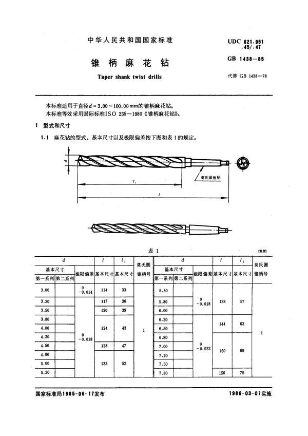 锥柄麻花钻 (GB 1438-1985)