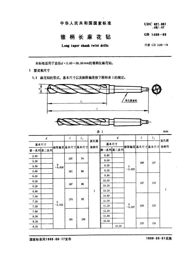 锥柄长麻花钻 (GB 1439-1985)