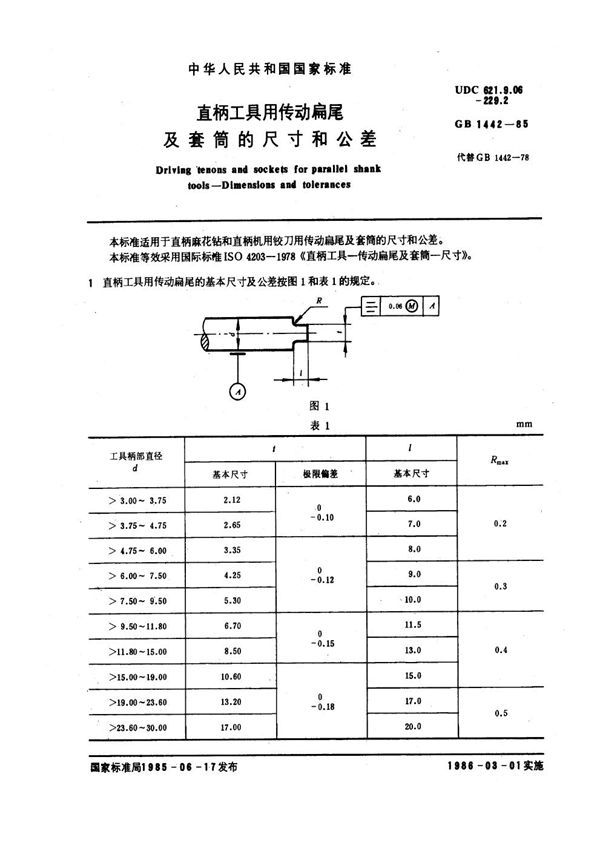 直柄工具用传动扁尾及套筒的尺寸和公差 (GB 1442-1985)