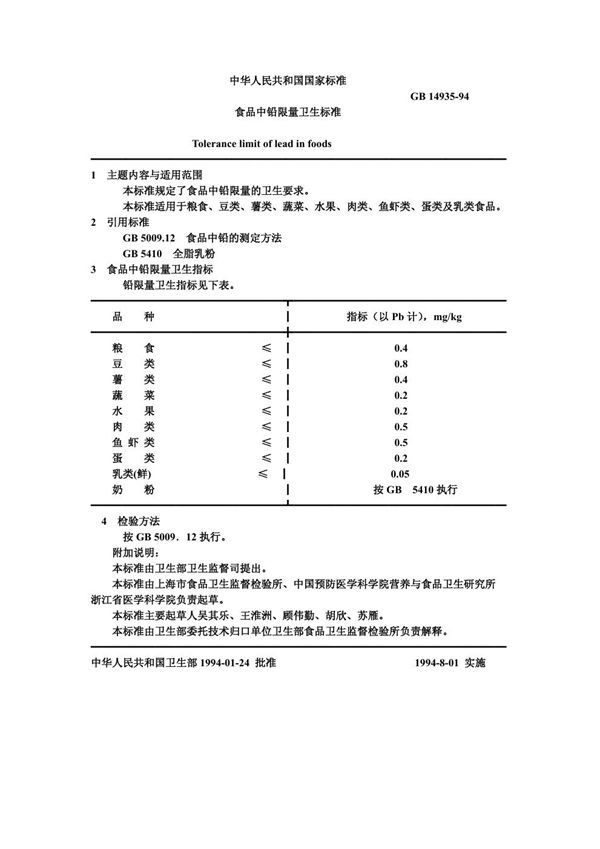 食品中铅限量卫生标准 (GB 14935-1994)