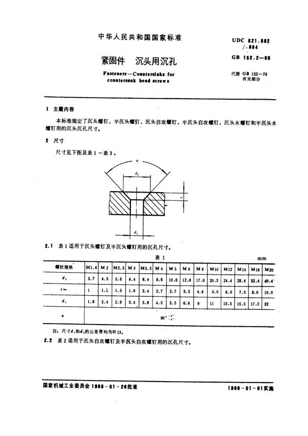 紧固件 沉头用沉孔 (GB 152.2-1988)