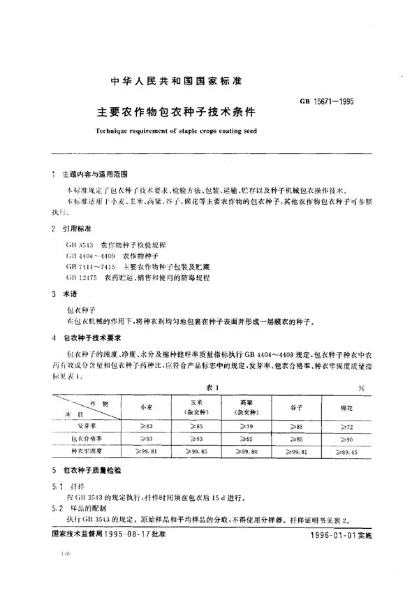 主要农作物包衣种子技术条件 (GB 15671-1995)