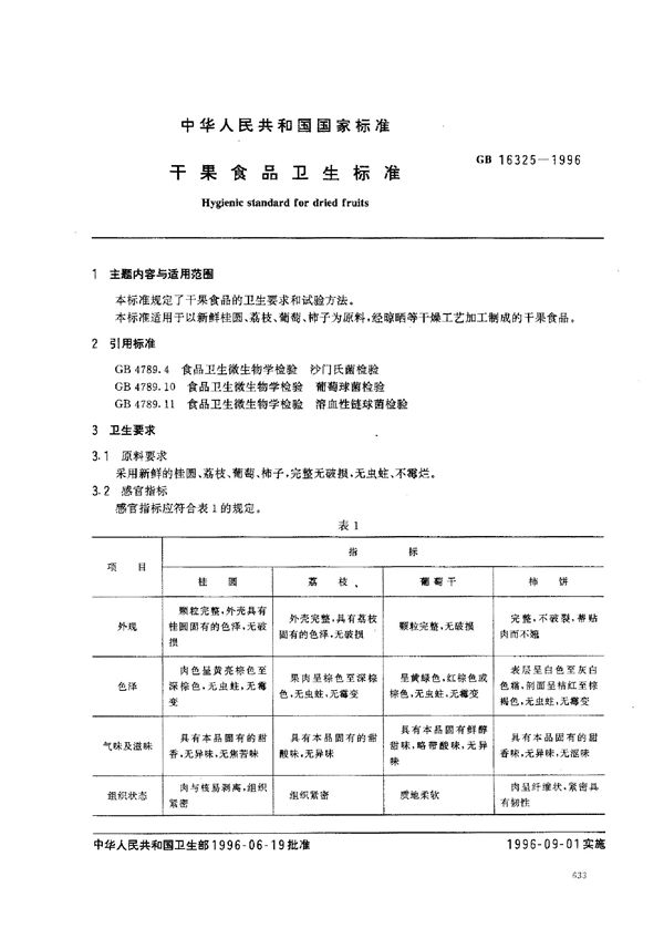 干果食品卫生标准 (GB 16325-1996)