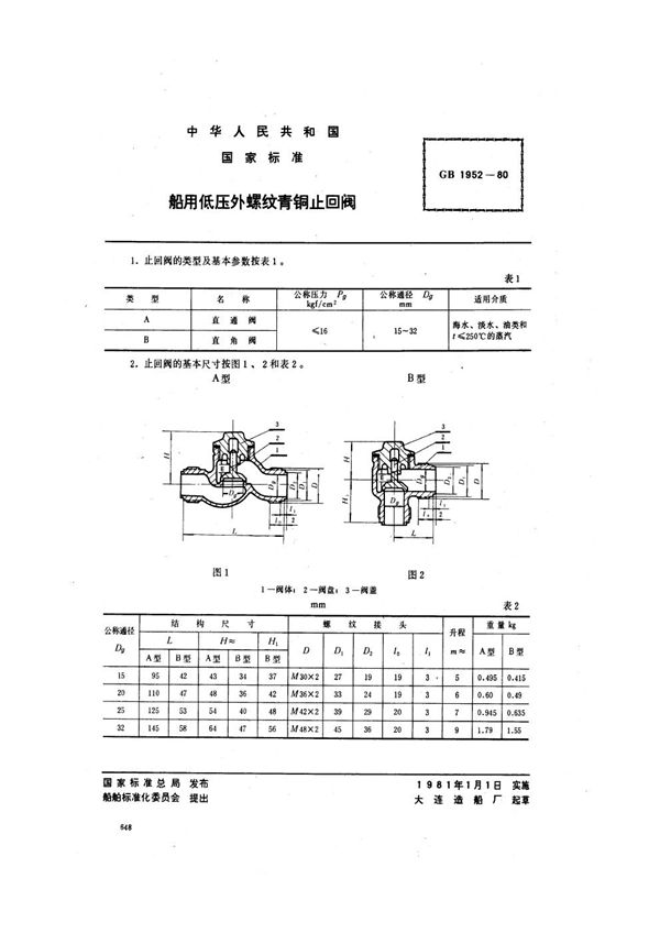 船用低压外螺纹青铜止回阀 (GB 1952-1980)