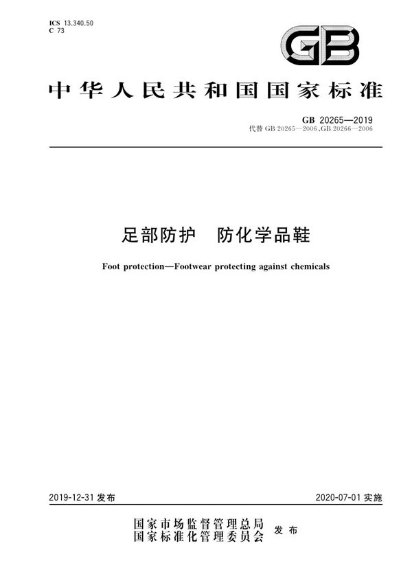 足部防护 防化学品鞋 (GB 20265-2019)