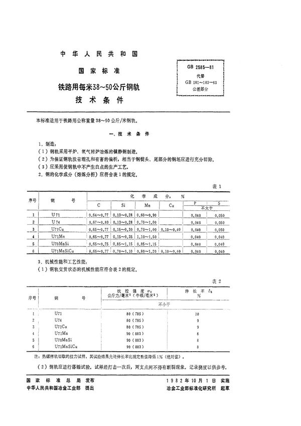 铁路用每米38～50公斤钢轨技术条件 (GB 2585-1981)