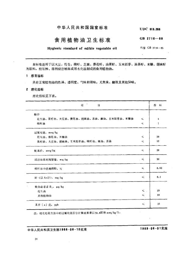 食用植物油卫生标准 (GB 2716-1988)