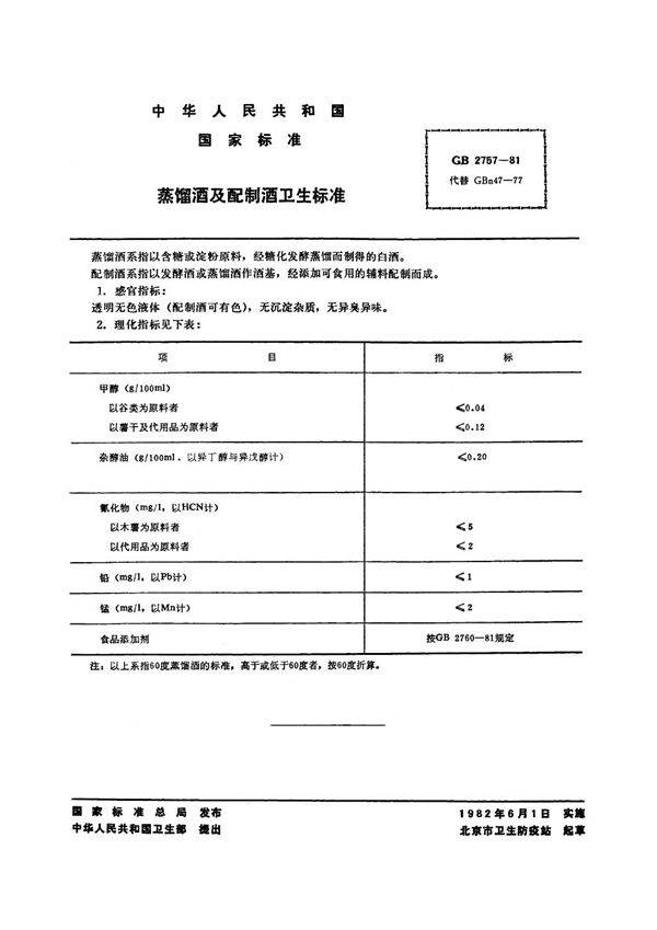 蒸馏酒及配制酒卫生标准 (GB 2757-1981)