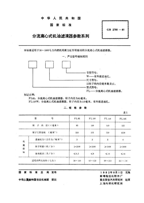 分流离心式机油滤清器参数系列 (GB 2781-1981)