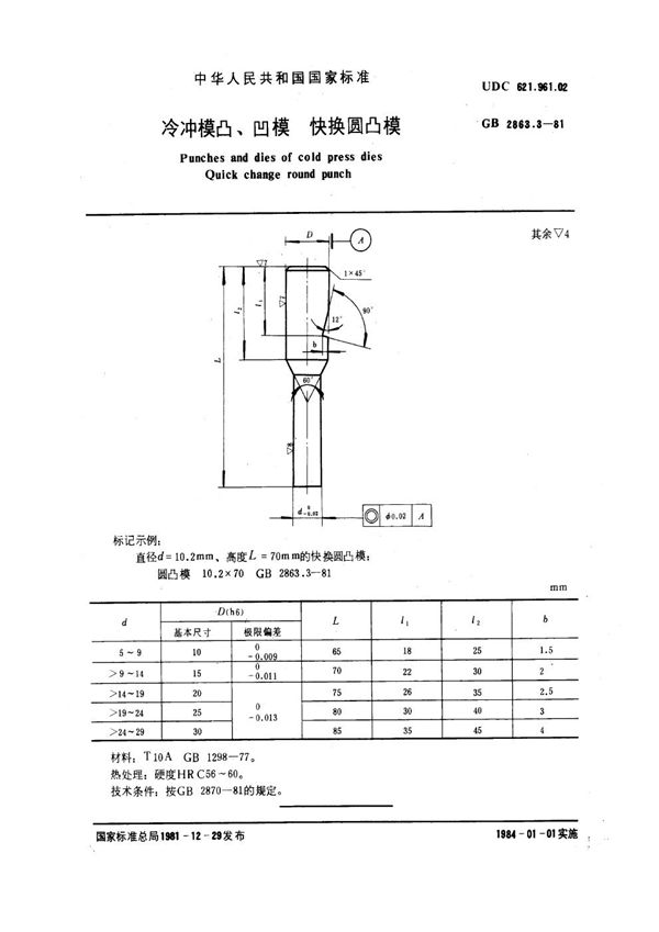 冷冲模凸、凹模 快换圆凸模 (GB 2863.3-1981)