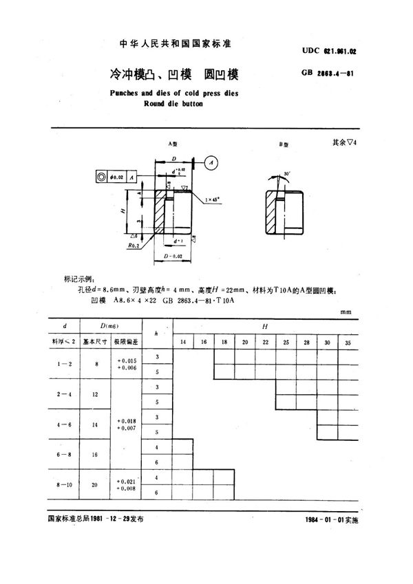 冷冲模凸、凹模 圆凹模 (GB 2863.4-1981)