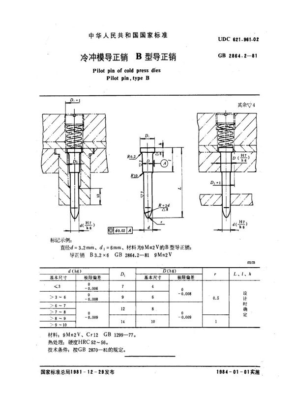 冷冲模导正销 B型导正销 (GB 2864.2-1981)