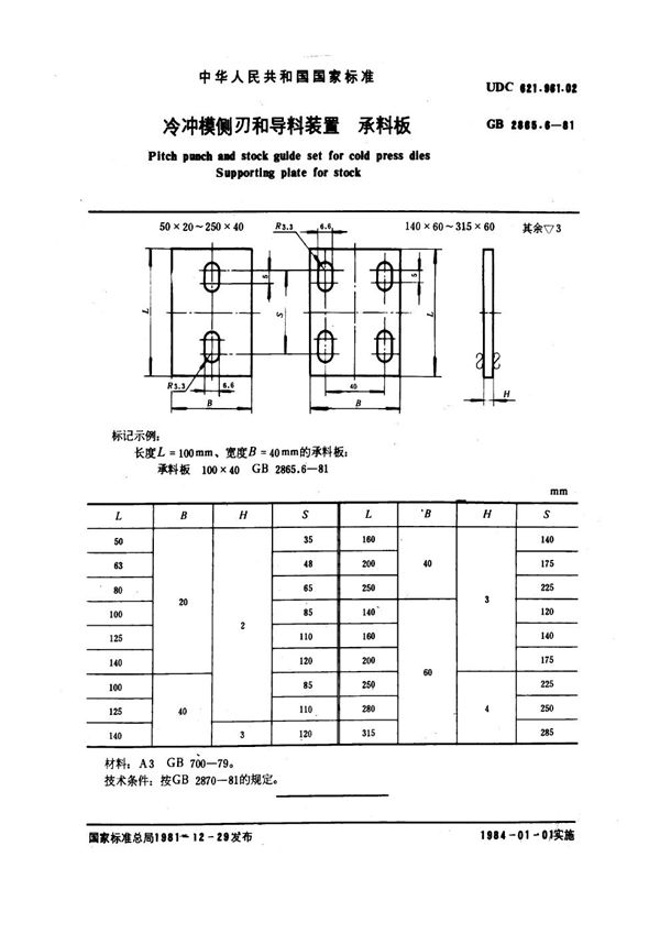 冷冲模侧刃和导料装置 承料板 (GB 2865.6-1981)