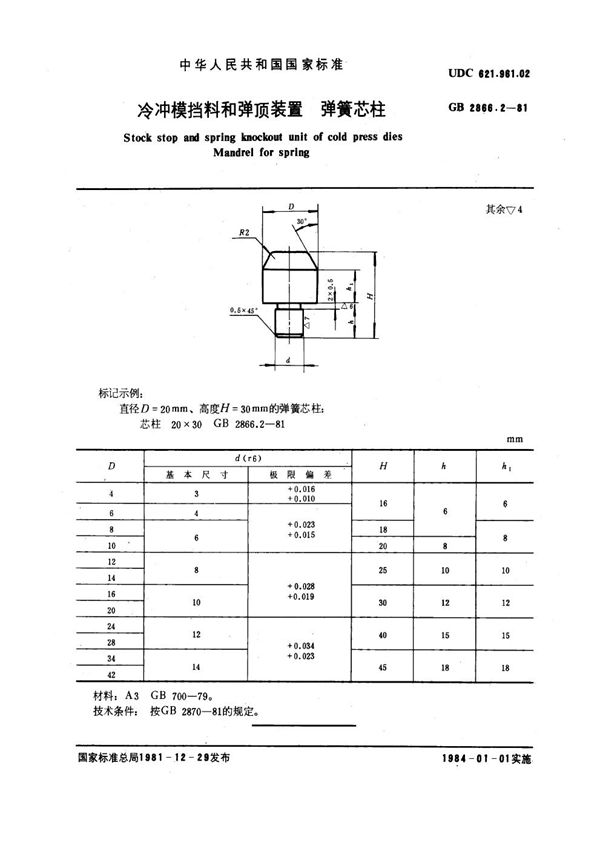 冷冲模挡料和弹顶装置 弹簧芯柱 (GB 2866.2-1981)