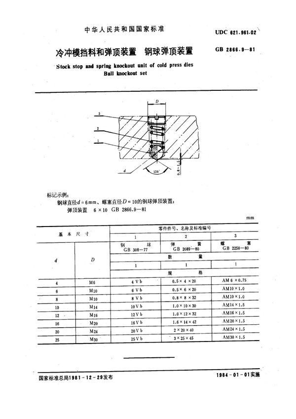 冷冲模挡料和弹顶装置 钢球弹顶装置 (GB 2866.9-1981)