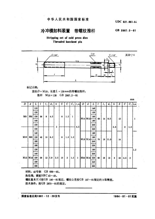 冷冲模卸料装置 带螺纹推杆 (GB 2867.2-1981)