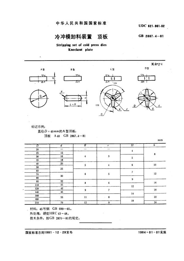 冷冲模卸料装置 顶板 (GB 2867.4-1981)