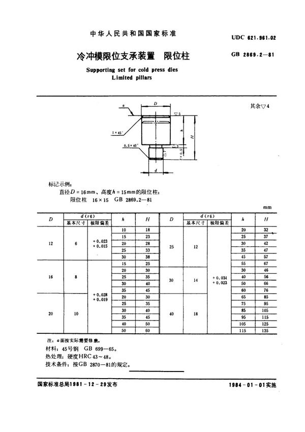 冷冲模限位支承装置 限位柱 (GB 2869.2-1981)