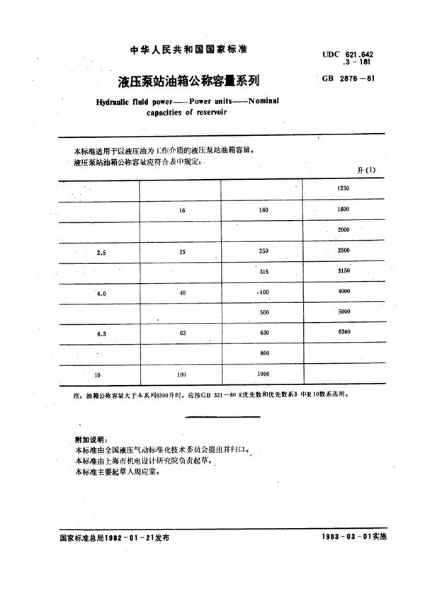 液压泵站油箱公称容量系列 (GB 2876-1981)