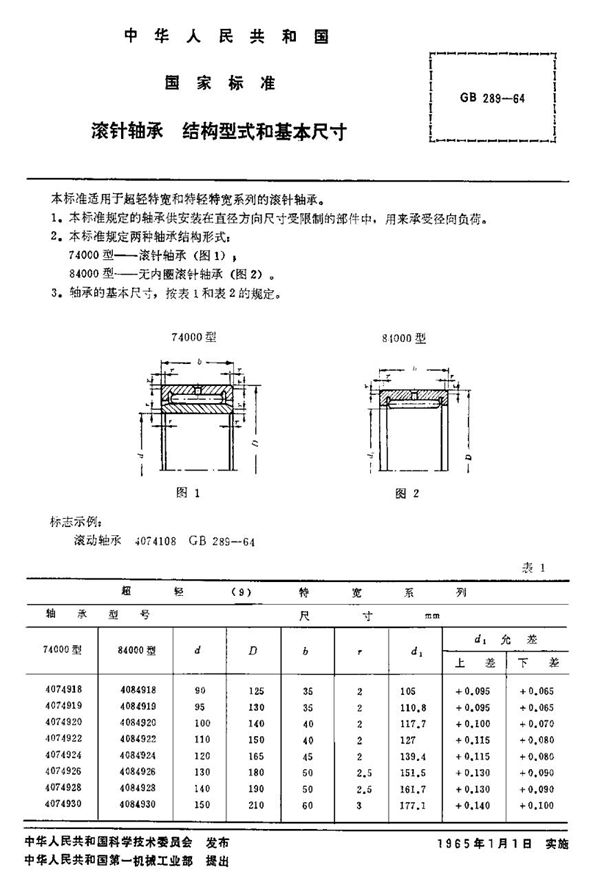 滚针轴承 结构型式和基本尺寸 (GB 289-1964)