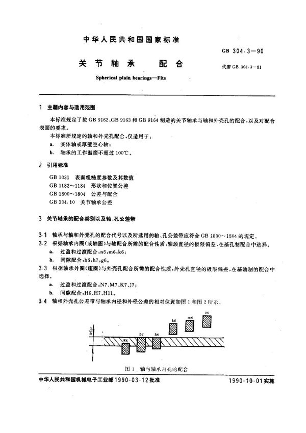 关节轴承配合 (GB 304.3-1990)