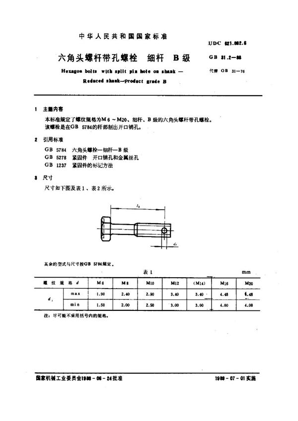 六角头螺杆带孔螺栓 细杆 B级 (GB 31.2-1988)