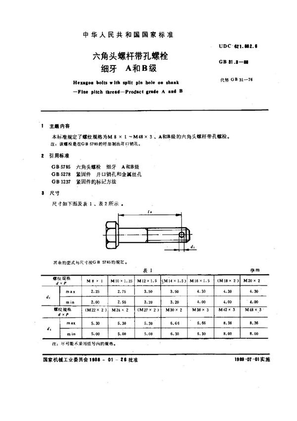 六角头螺杆带孔螺栓 细牙 A和B级 (GB 31.3-1988)