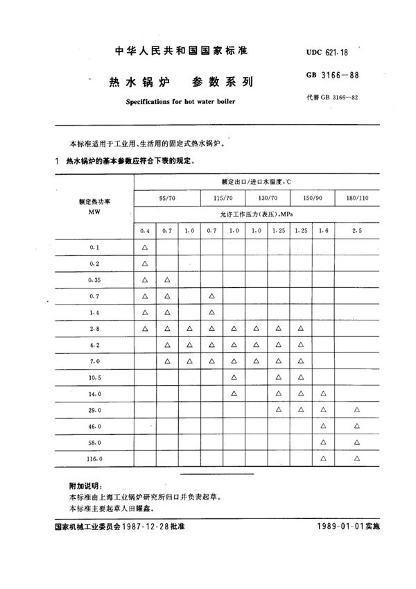 热水锅炉 参数系列 (GB 3166-1988)