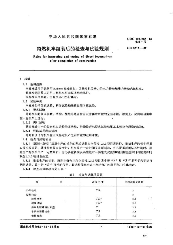 内燃机车组装后的检查与试验规则 (GB 3315-1982)