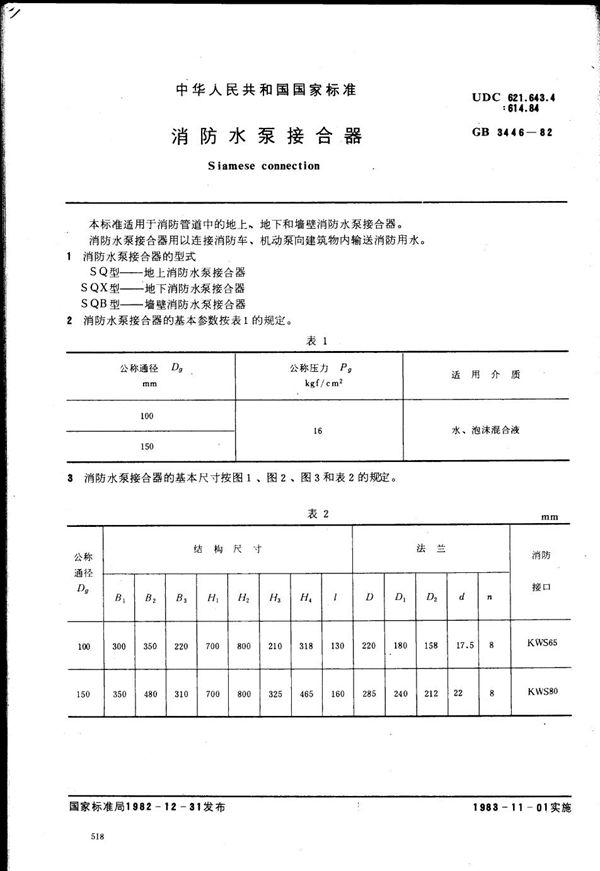 消防水泵接合器 (GB 3446-1982)