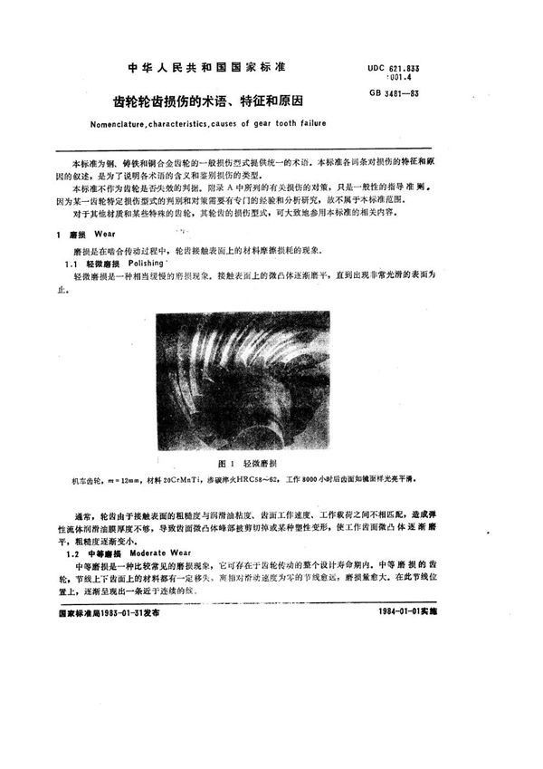 齿轮轮齿损伤的术语、特征和原因 (GB 3481-1983)