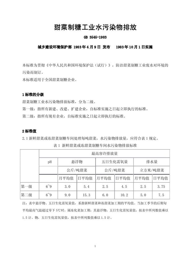 甜菜制糖工业水污染物排放标准 (GB 3545-1983)