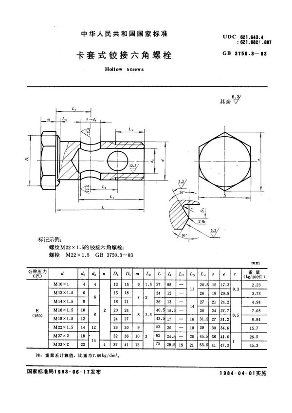 卡套式铰接六角螺栓 (GB 3750.3-1983)