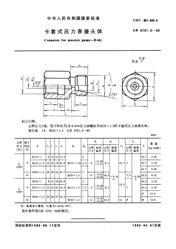 卡套式压力表接头体 (GB 3751.2-1983)