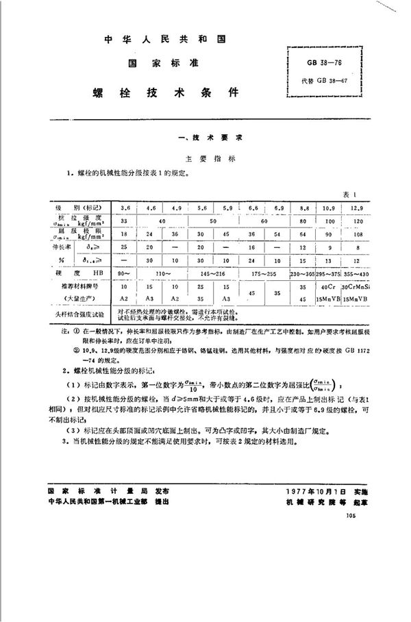 螺栓 技术条件 (GB 38-1976)