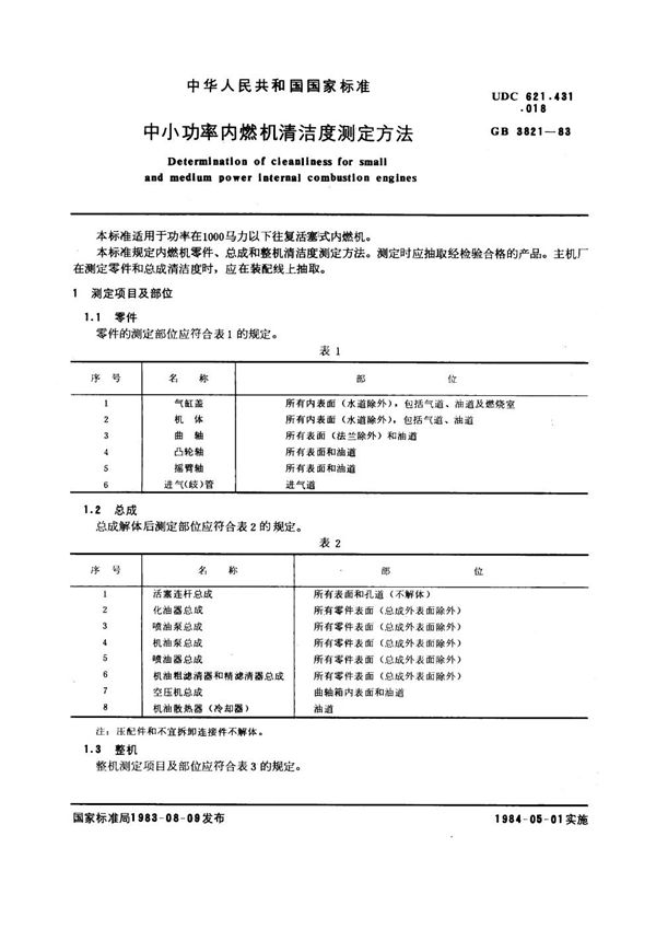 中小功率内燃机清洁度测定方法 (GB 3821-1983)