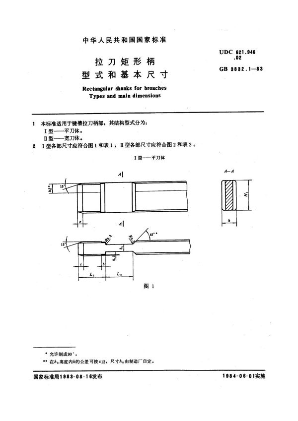 拉刀矩形柄型式和基本尺寸 (GB 3832.1-1983)