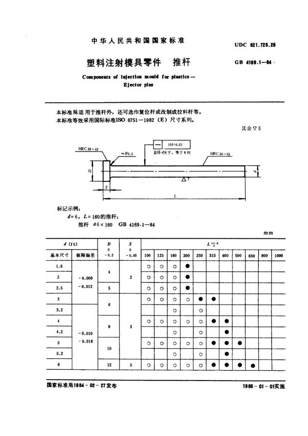 塑料注射模具零件 推杆 (GB 4169.1-1984)