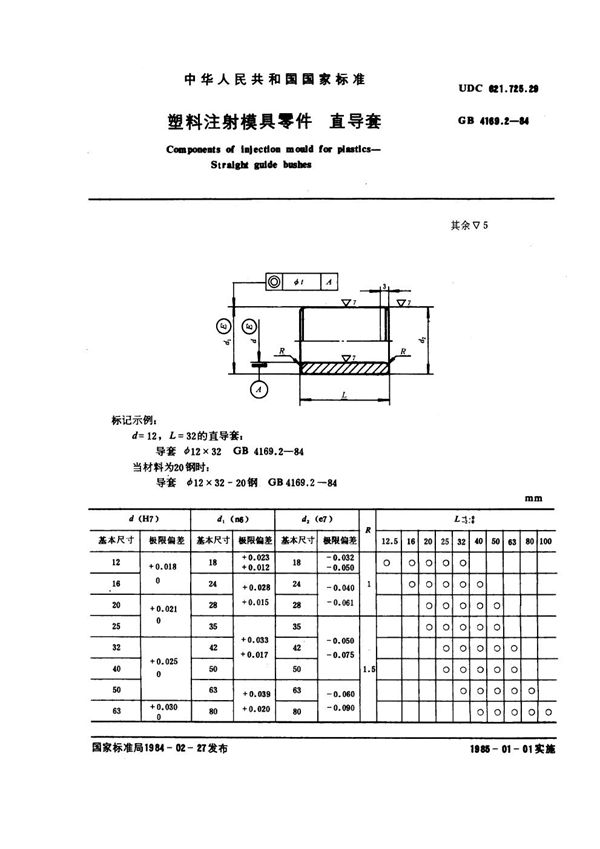 塑料注射模具零件 直导套 (GB 4169.2-1984)